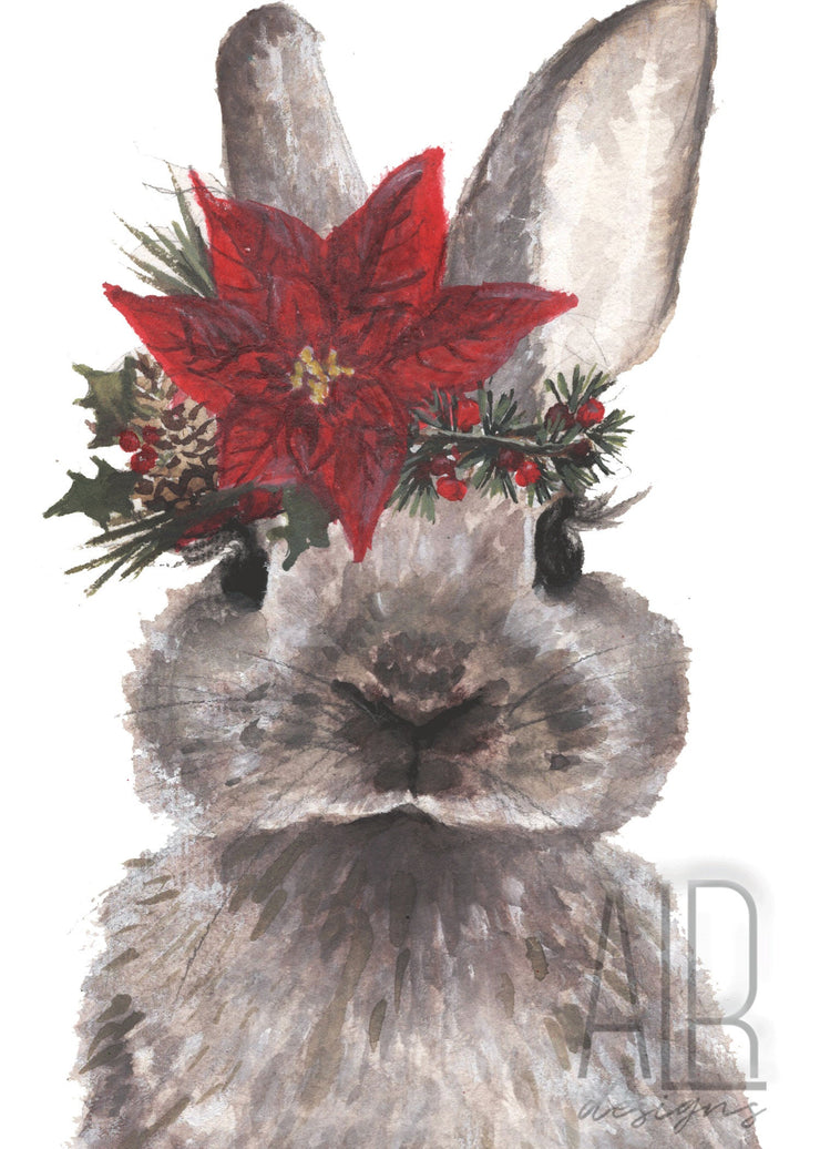 Poinsettia Bunny 8x10 & 5x7 print, christmas bunny art, christmas decorations, holiday decor, woodland animal art, cute christmas wall art