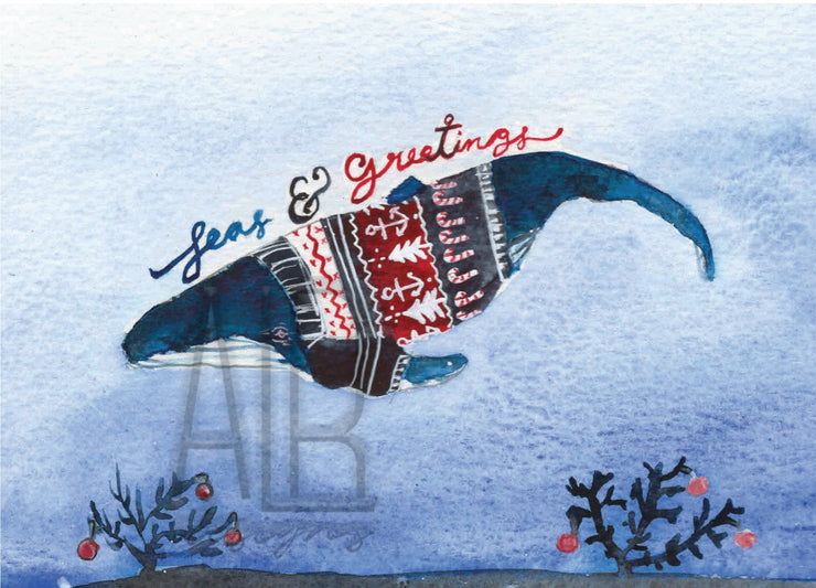 Christmas Sweater Whale 8x10 & 5x7 print, nautical christmas print, christmas decorations, christmas sweater art, holiday decor, whale art