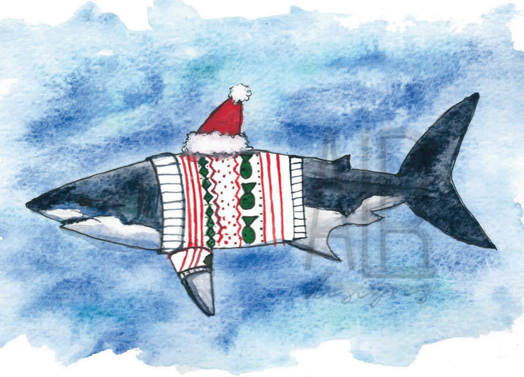 Christmas Sweater Shark 8x10 & 5x7 print, nautical christmas decor, christmas decoration, funny christmas wall art, shark art, holiday decor