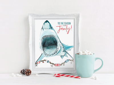Jawly Shark"8x10 & 5x7  holiday print, nautical Christmas print, Christmas decorations, nautical holiday art, shark art, holiday decor