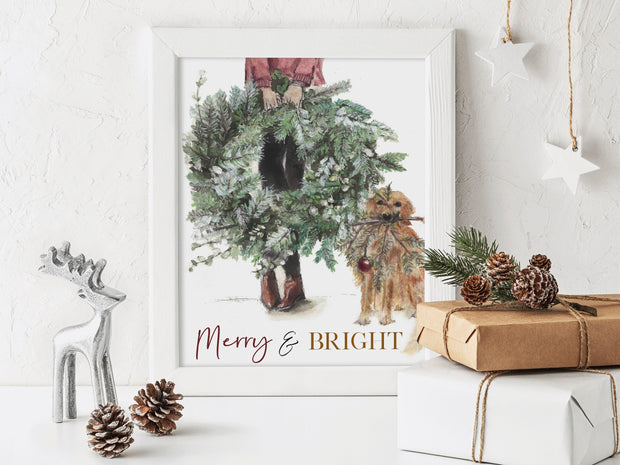 Merry Girl with dog 8x10 & 5x7 holiday print, christmas pet art, christmas decorations, holiday decor, christmas dog art