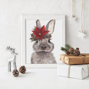 Poinsettia Bunny 8x10 & 5x7 print, christmas bunny art, christmas decorations, holiday decor, woodland animal art, cute christmas wall art