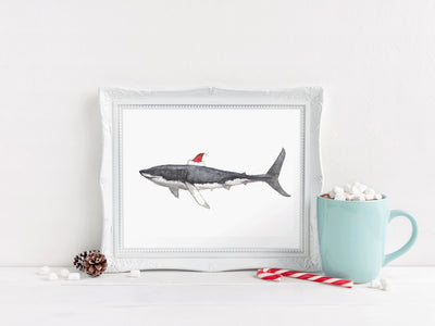 Santa Shark 8x10 & 5x7 print, nautical christmas art, christmas decorations, shark art, funny christmas wall art, beachy holiday decor