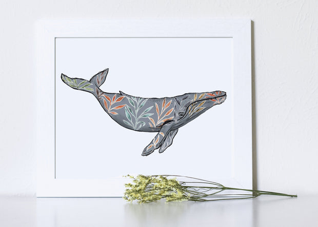 Leafy Whale Grey print, 8x10 & 5x7  art print, nautical wall art, home decor, office art, coastal decor, fall decorations