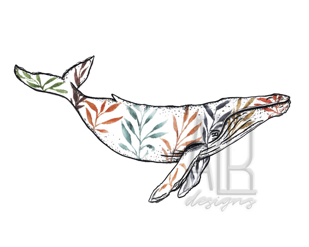 Leafy Whale White print, 8x10 & 5x7  art print, nautical wall art, home decor, office art, coastal decor, fall decorations