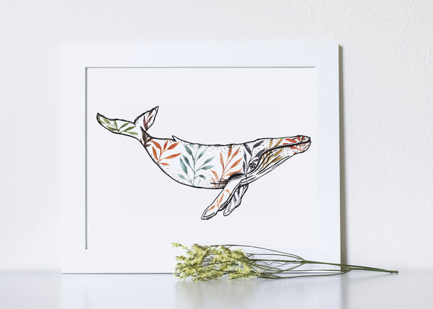 Leafy Whale White print, 8x10 & 5x7  art print, nautical wall art, home decor, office art, coastal decor, fall decorations