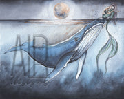 Whale and Mermaid  8x10 & 5x7 fine art print,  wall art, coastal home decor,  nautical art,  whale art, mermaid art, moon decor, ocean art