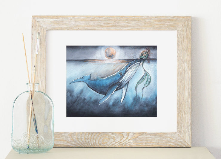 Whale and Mermaid  8x10 & 5x7 fine art print,  wall art, coastal home decor,  nautical art,  whale art, mermaid art, moon decor, ocean art