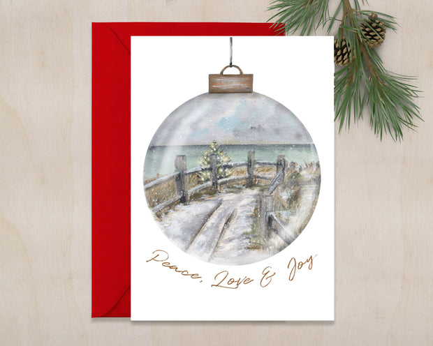 Snowy Beach 5x7in  Christmas greeting card, holiday card, beach christmas card, nautical holiday card, coastal christmas card
