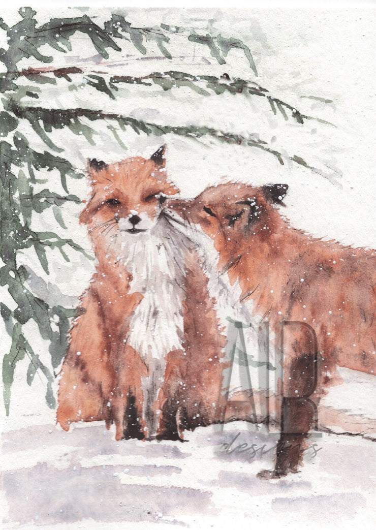 Christmas Foxes 5x7in  Christmas greeting card, holiday greeting card, animal christmas card, card for partner, woodland art, couples