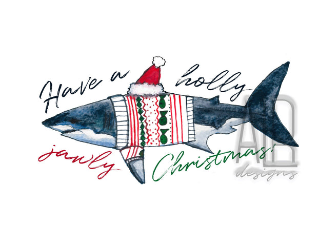 Holly Jawly Shark 8x10 & 5x7 print, nautical christmas decor, christmas decoration, funny christmas wall art, shark art, holiday decor