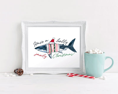 Holly Jawly Shark 8x10 & 5x7 print, nautical christmas decor, christmas decoration, funny christmas wall art, shark art, holiday decor