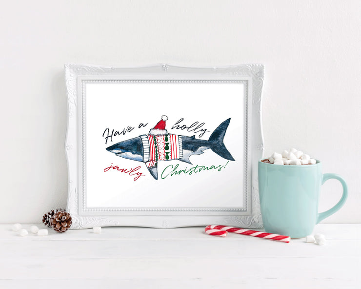 Holly Jawly Shark 8x10 & 5x7 print, nautical christmas decor, christmas decoration, funny christmas wall art, shark art, holiday decor
