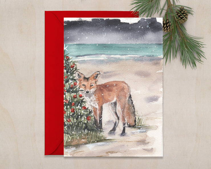 Christmas beach foxes 5x7in  Christmas greeting card, holiday greeting card, christmas cards, fox card, beach christmas card