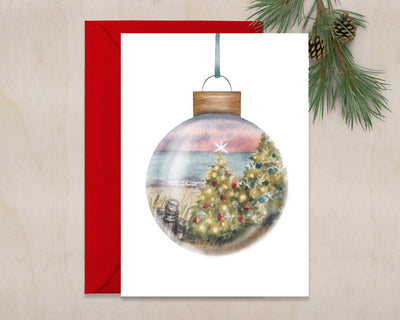 Christmas Beach Ornament 5x7in  Christmas greeting card, holiday card, beach christmas cards, nautical christmas card