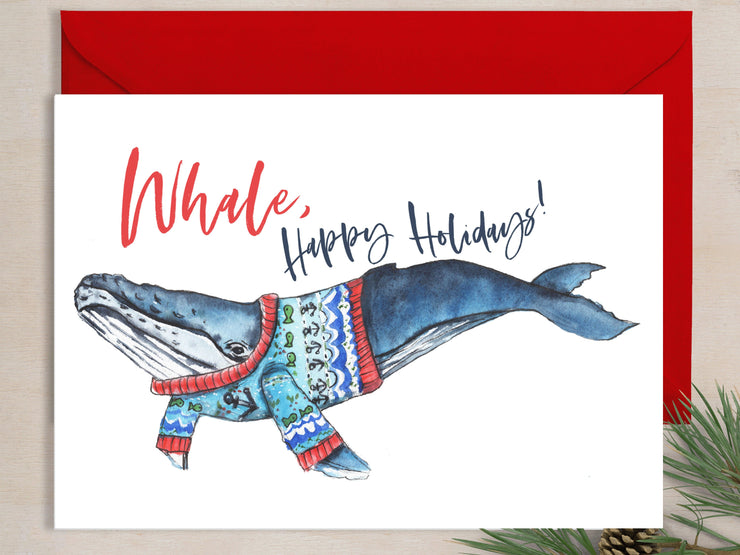 Whale,happy holidays! 5x7in  Christmas greeting card, whale holiday card, funny christmas card, nautical christmas card,