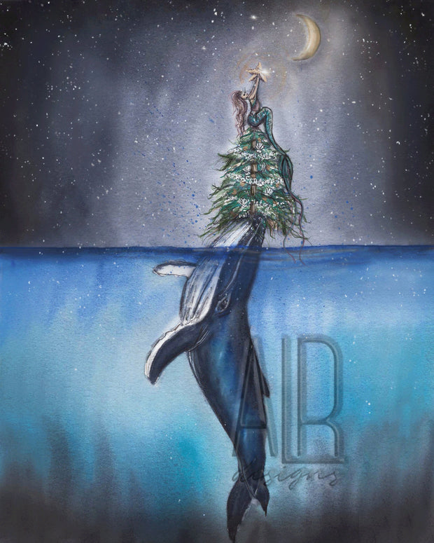 Christmas Mermaid 8x10 & 5x7 print, nautical christmas decor, christmas decoration, mermaid art, nautical christmas, coastal christmas decor