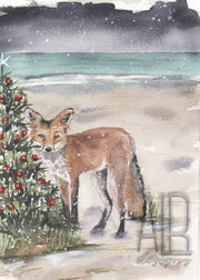 Christmas beach foxes 5x7in  Christmas greeting card, holiday greeting card, christmas cards, fox card, beach christmas card