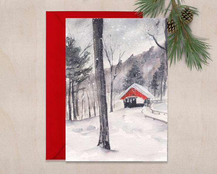 Red Bridge  5x7in  winter greeting card, winter art, stationery