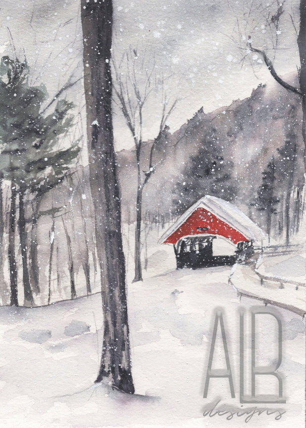 Red Bridge  5x7in  winter greeting card, winter art, stationery