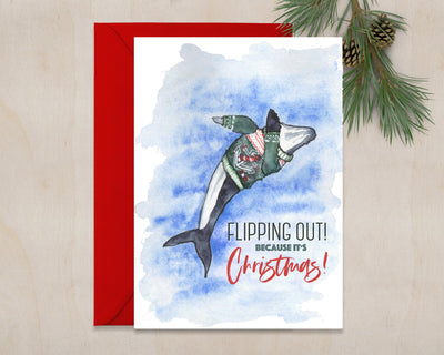 Flipping out its Christmas! 5x7in  Christmas greeting card, whale holiday card, funny christmas card, nautical christmas card,