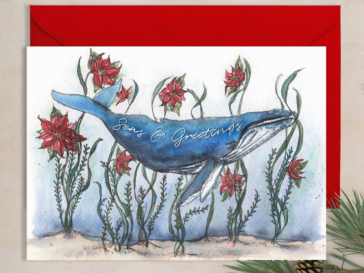 Poinsettia Whale! 5x7in  Christmas greeting card, whale holiday card, ocean christmas card, nautical christmas card,