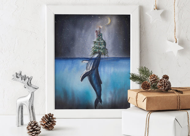 Christmas Mermaid 8x10 & 5x7 print, nautical christmas decor, christmas decoration, mermaid art, nautical christmas, coastal christmas decor