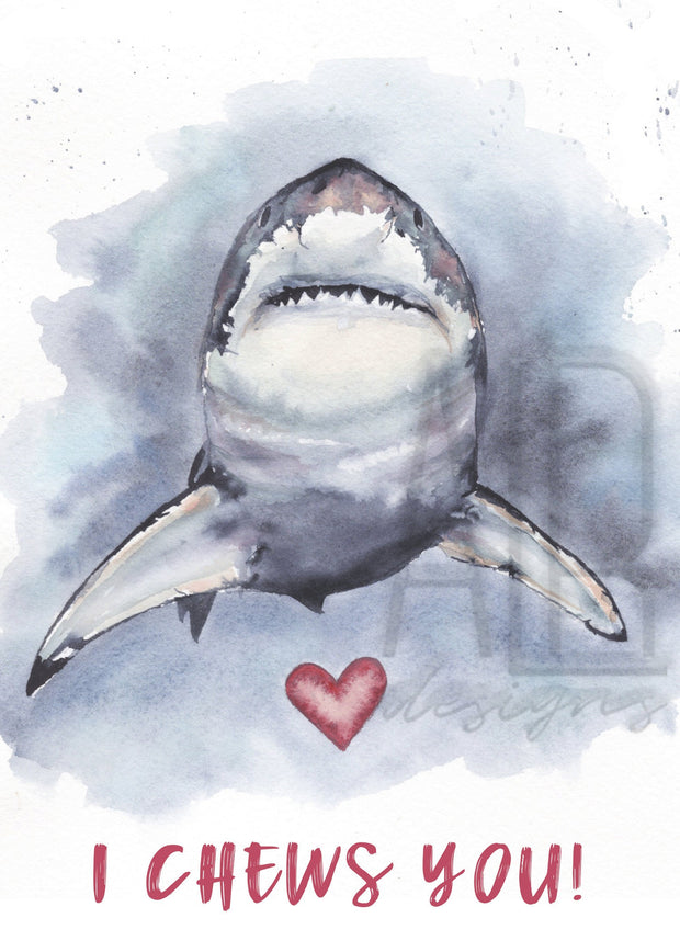 I Chews You Shark Valentines Day Card, blank greeting card, card for partner, card for friend, shark lovers valentines day card