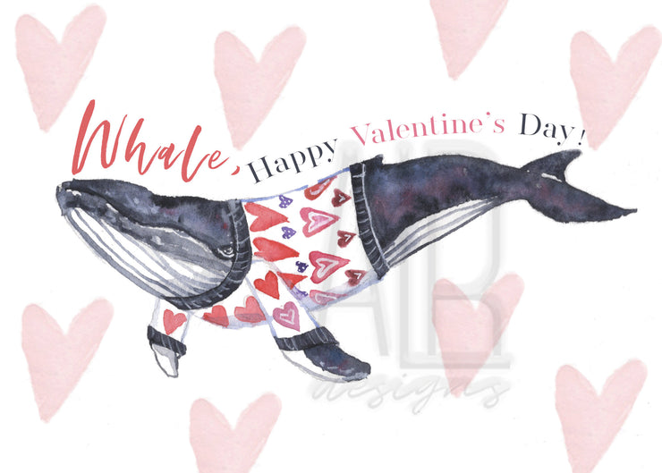 Whale Happy Valentines Day Card, blank greeting card, card for partner, card for friend, nautical valentines day card, whale valentine