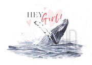 Hey Girl Whale Valentines Day Card, blank greeting card, card for partner, card for friend, nautical valentine, galentines day