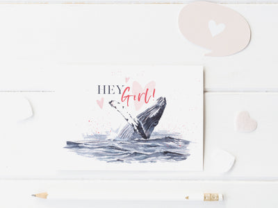 Hey Girl Whale Valentines Day Card, blank greeting card, card for partner, card for friend, nautical valentine, galentines day
