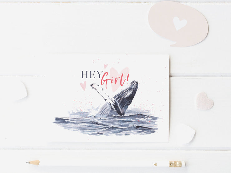 Hey Girl Whale Valentines Day Card, blank greeting card, card for partner, card for friend, nautical valentine, galentines day