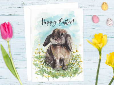 Hoppy Easter Bunny meadow blank greeting card, Easter card, easter bunny card, easter card for kids, cute easter card, bunny art