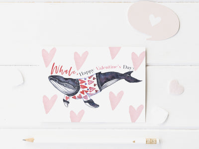 Whale Happy Valentines Day Card, blank greeting card, card for partner, card for friend, nautical valentines day card, whale valentine