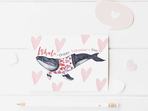 Whale Happy Valentines Day Card, blank greeting card, card for partner, card for friend, nautical valentines day card, whale valentine