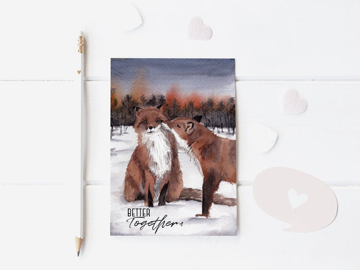 Better Together, Winter Foxes 5x7, card for partner, woodland art, couples card, anniversary card, valentines day card