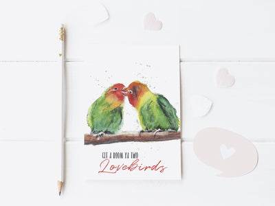 Get a room Lovebirds 5x7 blank greeting card, card for partner, card for spouse,  bird lover card, funny valentine&#39;s day card,