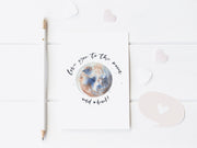 Love you to the Moon! 5x7 blank greeting card,  card for partner, card for friend,  card for kids, valentine&#39;s day card, moon art