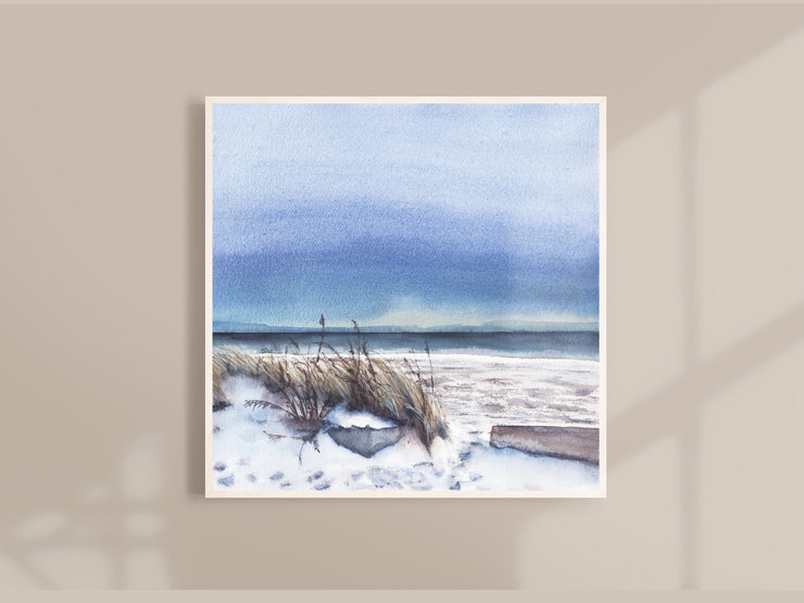 Icy Beach watercolor print, 8x8 or 10x10 fine art print, beach art, wave art, beach house art, relaxing wall art, cape cod art