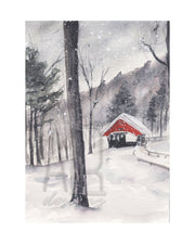 Watercolor Red Bridge Winter 8x10 & 5x7 Print, art print, wall art, home decor, winter landscape, winter art, covered bridge art