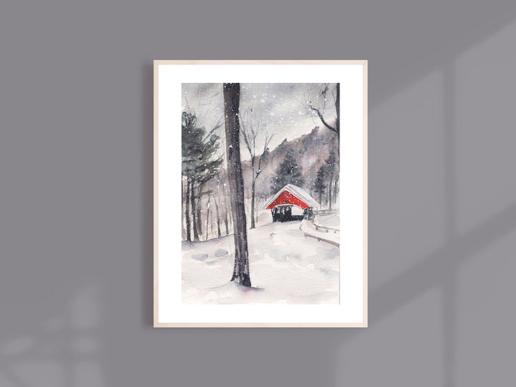 Watercolor Red Bridge Winter 8x10 & 5x7 Print, art print, wall art, home decor, winter landscape, winter art, covered bridge art