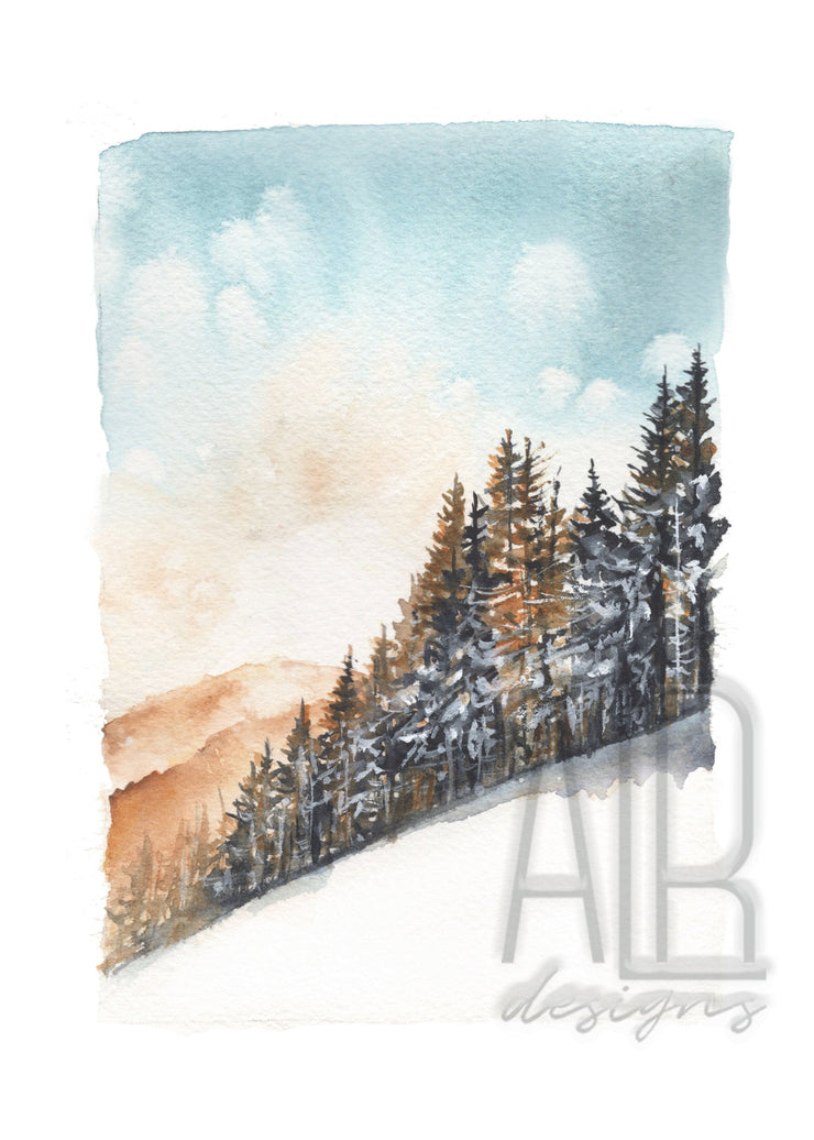 Watercolor Sunset Pines, 8x10 & 5x7 fine art print, wall art, home decor, mountain painting, cabin decor, cabin art, winter art, pine tree