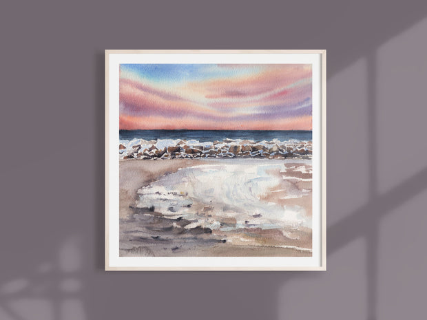 Winter Beach Rocks 8x8, 10x10 fine art print, beach art, wave art, beach house art, beach painting, coastal art, coastal decor, cape cod art