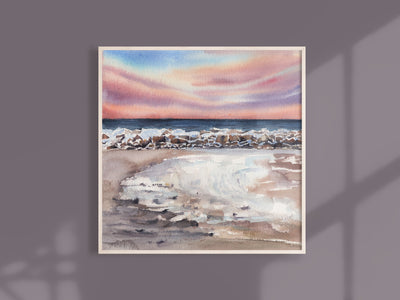 Winter Beach Rocks 8x8, 10x10 fine art print, beach art, wave art, beach house art, beach painting, coastal art, coastal decor, cape cod art