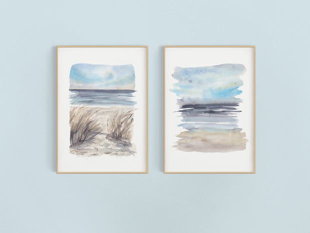 Watercolor Blue Seascape Set,  2 PRINTS, gallery watercolor wall art, home decor, beach art, beach paintings, coastal art, coastal decor