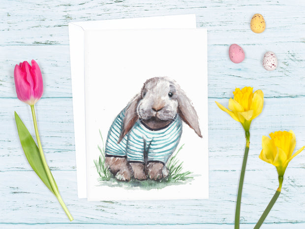 Easter Bunny in shirt 5x7 in blank greeting card, bunny lover card, easter card, cute bunny card, nautical animal card, easter card for kids