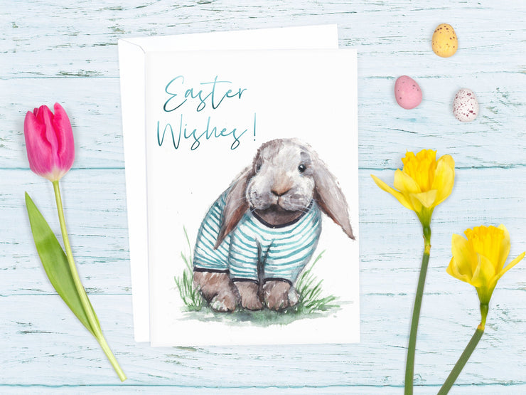 Easter Bunny in shirt 5x7 in blank greeting card, bunny lover card, easter card, cute bunny card, nautical animal card, easter card for kids