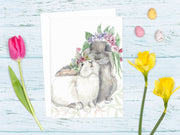 Flower crown bunnies 5x7 blank greeting card, easter card, Mother's day, Birthday card, baby shower card, bunny lover card