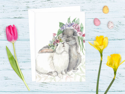 Flower crown bunnies 5x7 blank greeting card, easter card, Mother's day, Birthday card, baby shower card, bunny lover card