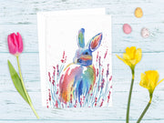 Easter Rainbow Bunny! 5x7 in. TWO VERSIONS, blank greeting card, happy Easter card, easter bunny card, rainbow bunny card, animal card